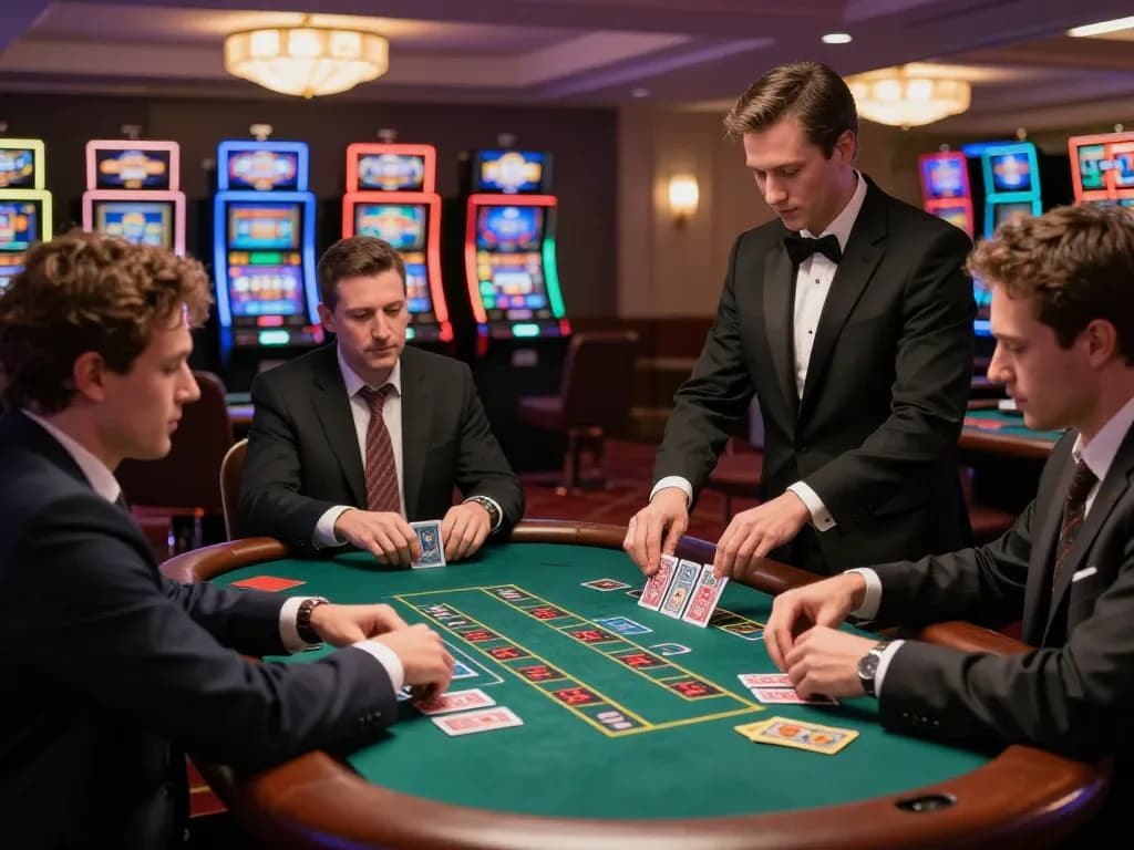 Engaged players at a GO99 blackjack table strategizing their next moves in an elegant casino.