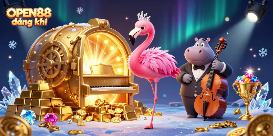 Join the fun at OPEN88 đăng ký with vibrant flamingo and hippo musicians at this lively casino scene.