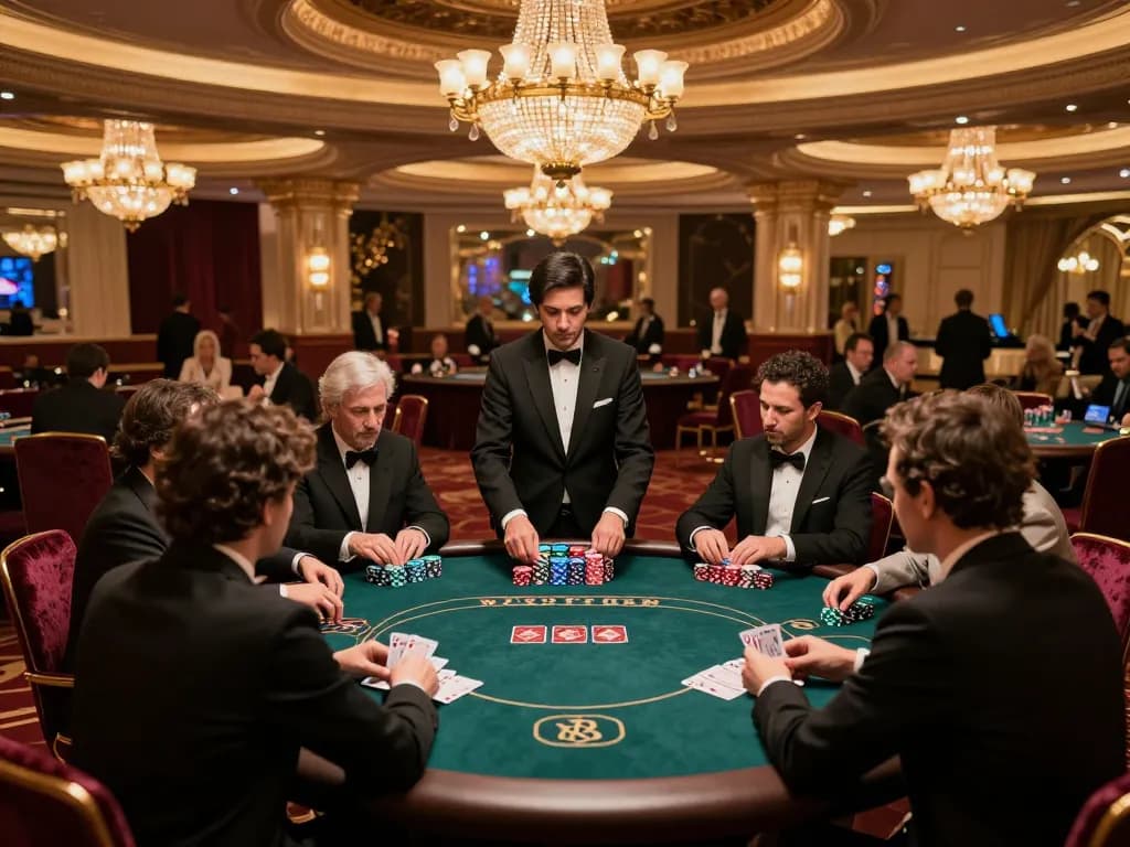 Players engaging in a high-stakes poker game at a luxury casino, highlighting gem88 excitement and strategy.