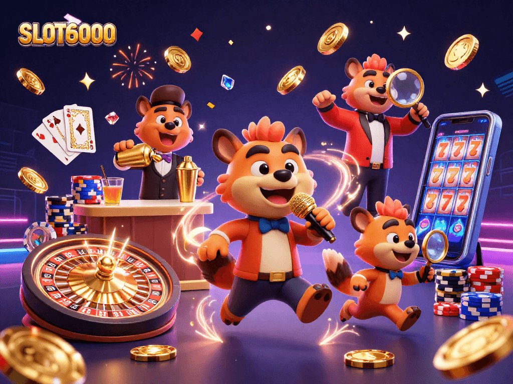 SLOT6000 showcases a lively comedy casino with hyenas, golden coins, and vibrant casino elements.