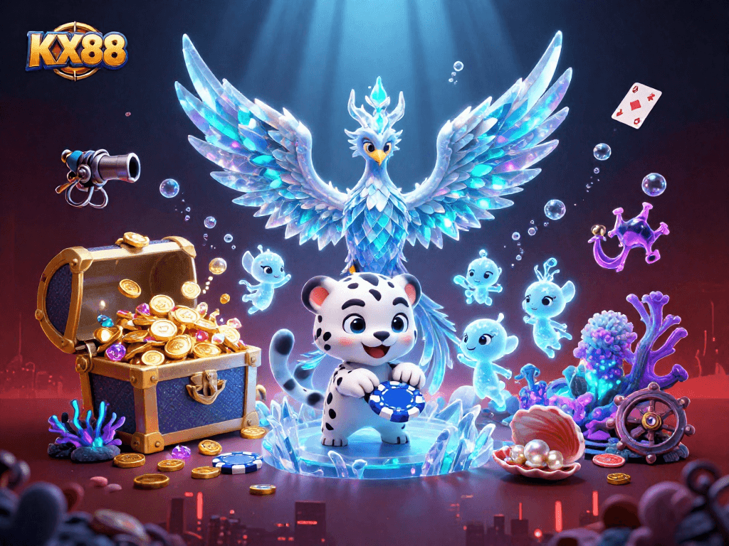 KX88 captures the excitement of online betting with a vibrant 3D casino scene featuring an ice phoenix and sports elements.
