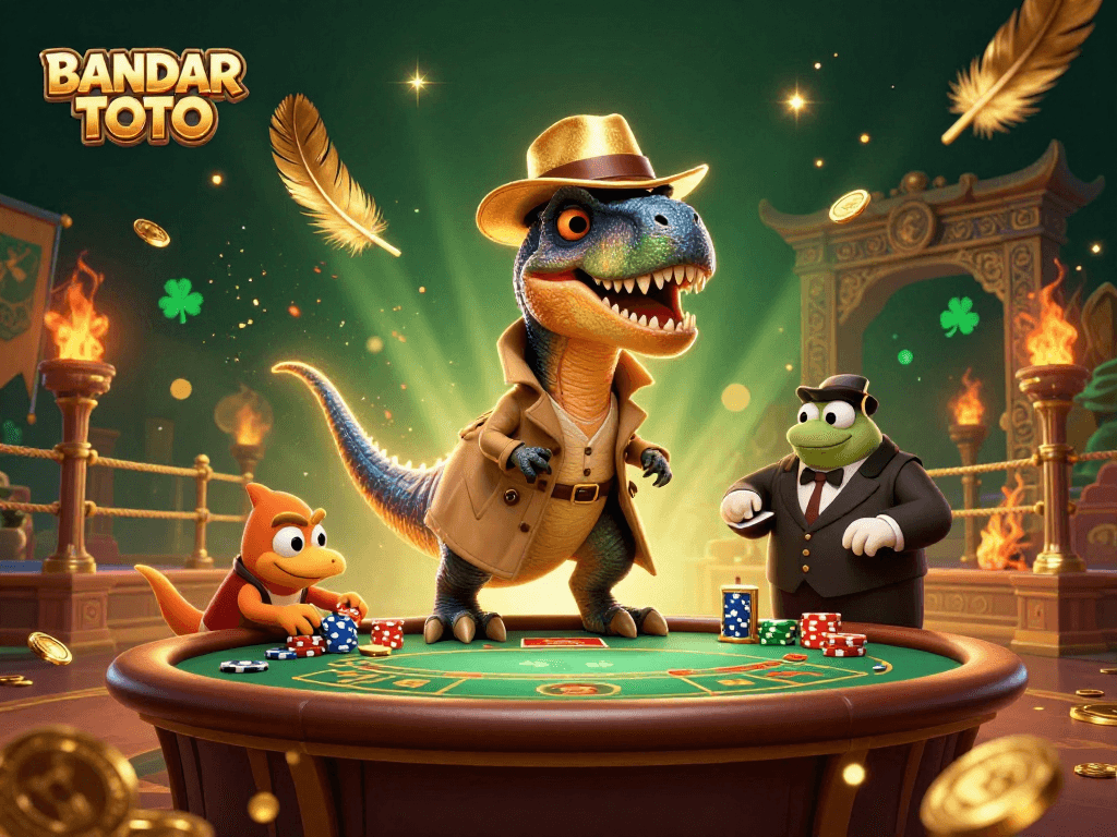 BANDAR TOTO table scene featuring cartoon dinosaurs in a dynamic casino environment with gold coins and vivid decorations.