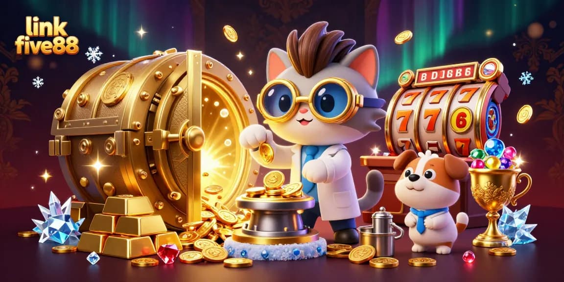 Engage with link five88 in a vibrant casino scene showcasing gold coins and thrilling jackpots.