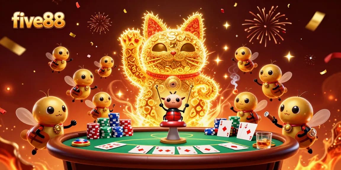 Experience thrilling wins at five88 with a vibrant 3D illustration of a lucky cat and poker elements.