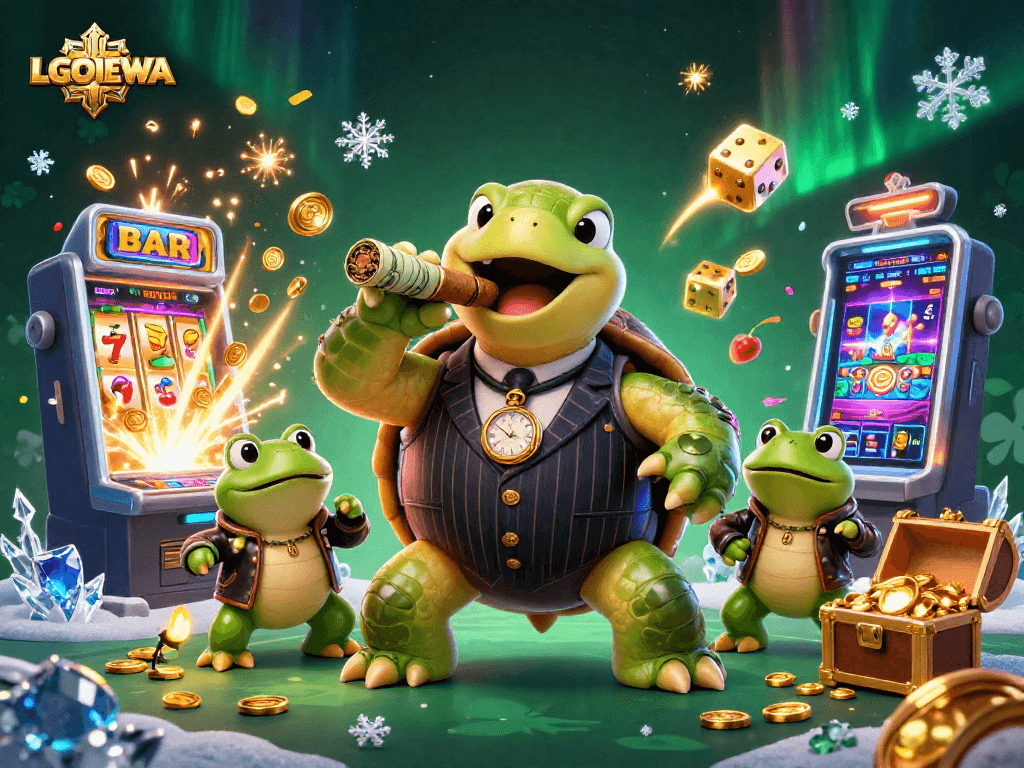 Experience the thrilling world of LGODEWA with a vibrant casino scene featuring a snapping turtle in a mobster suit.