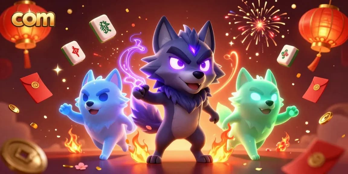 Engage with com in this vibrant casino-themed 3D illustration featuring magical wolves.