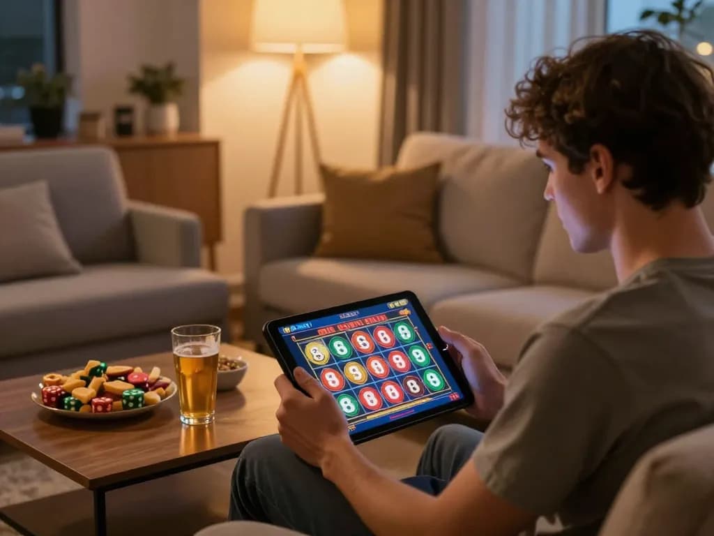 Playing luck 8 slots on a tablet at home with snacks and cozy lighting