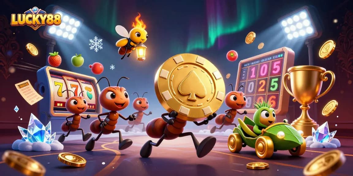 LUCKY88 sparks excitement as ants steal a giant chip in a vibrant casino heist scene