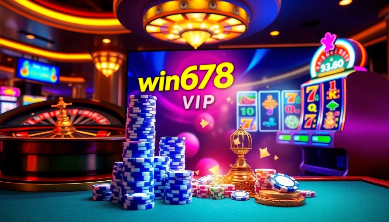Experience the thrill of win678 vip with engaging online casino visuals featuring roulette and poker chips.