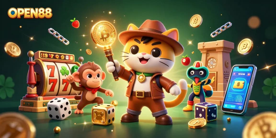 Engage with exciting games at OPEN88's vibrant online casino, featuring dynamic slot symbols and innovative crypto elements.