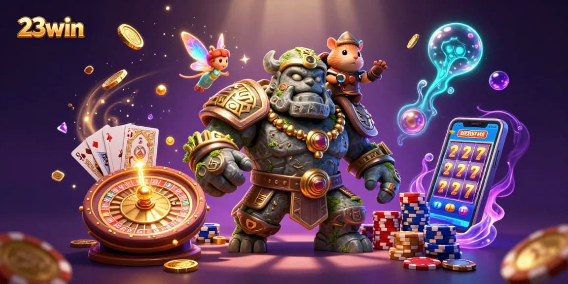 Experience the excitement of 23win with magical characters amidst vibrant casino elements.
