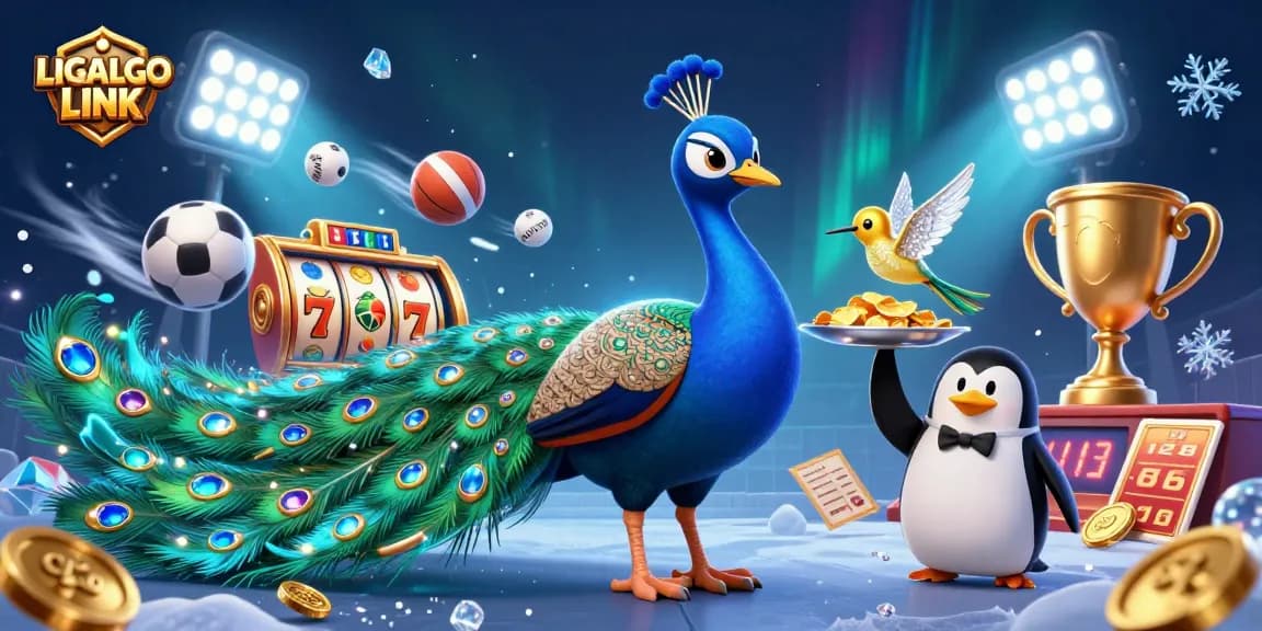 Experience the excitement of LIGALGO LINK with vibrant slot reels and dynamic characters in a stunning casino scene.