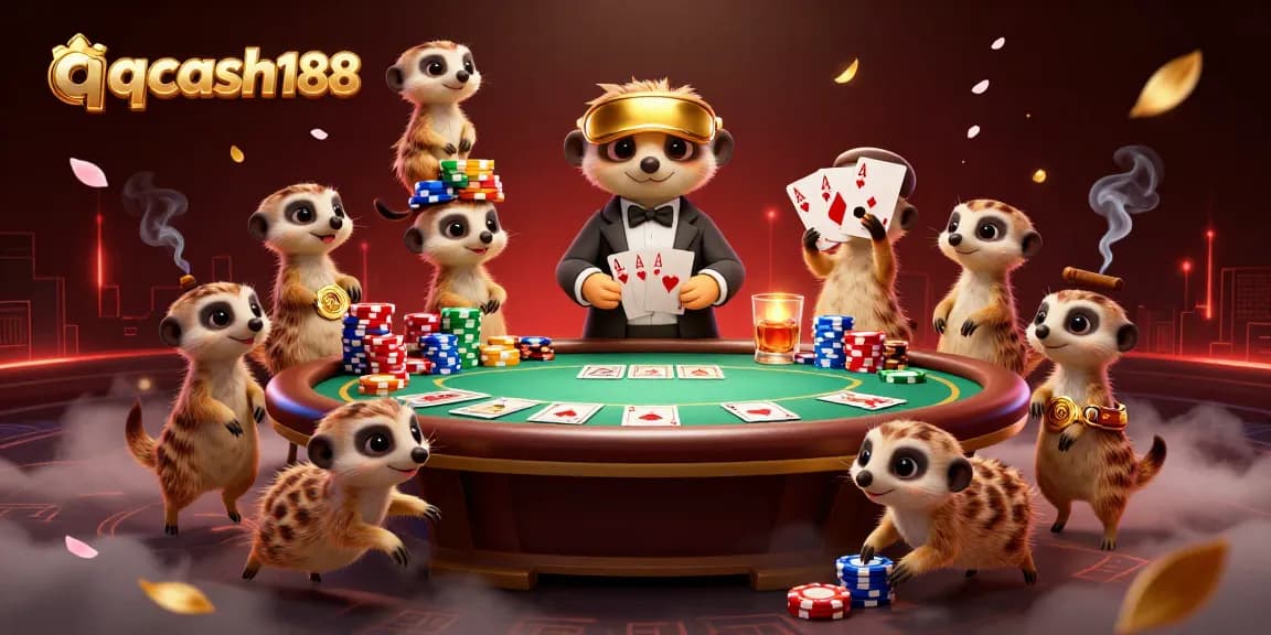 Engage in thrilling poker action at qqcash188 with a dynamic casino scene showcasing lively meerkats.