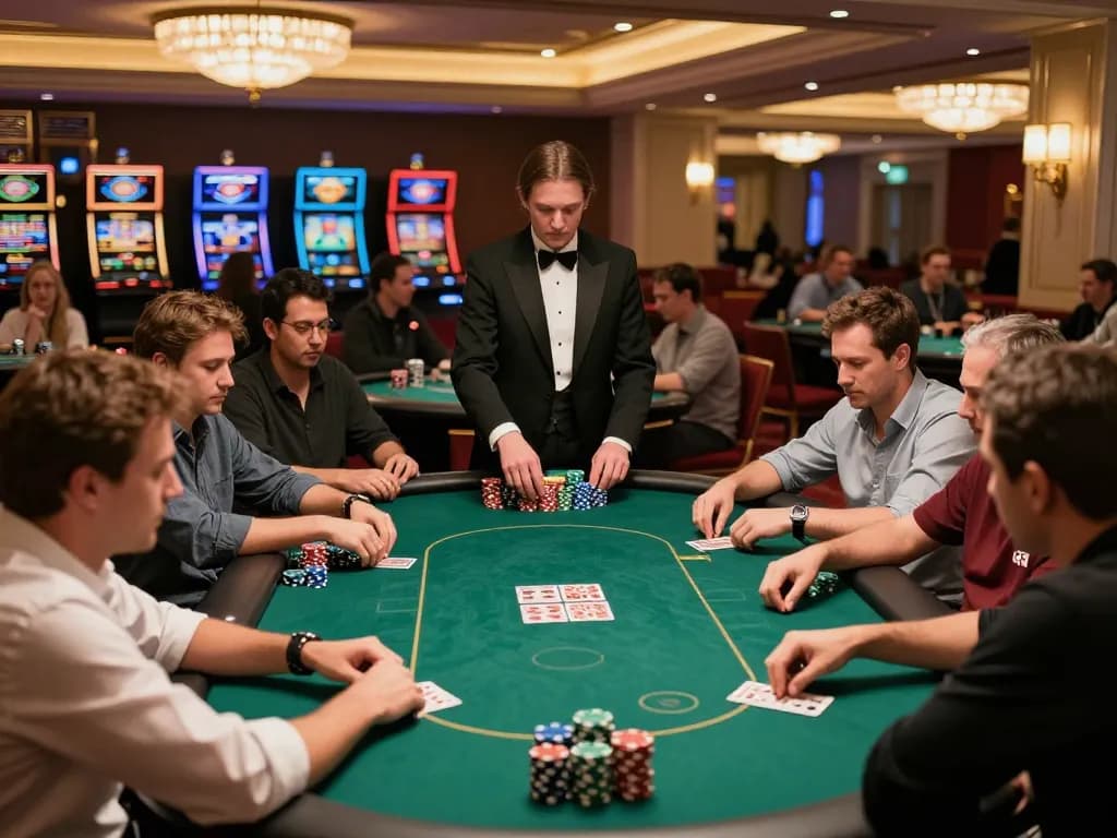 Players strategizing at a poker table with stacks of chips in view during a game of C210.