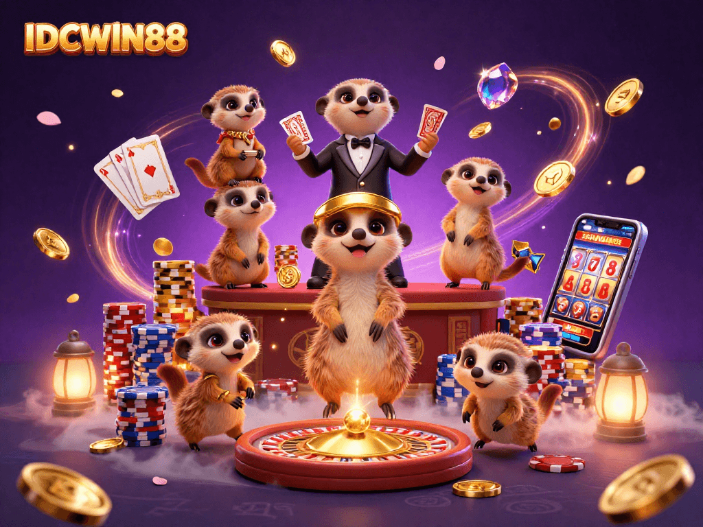 Experience thrilling gameplay at IDCWIN88 with meerkats managing an exciting casino scene filled with slots and action.