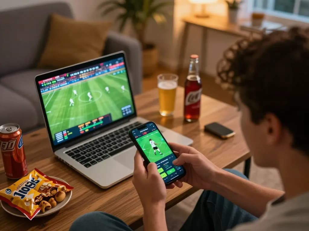 Person placing bets on CAKHIATV during a crucial football match from their cozy living room.