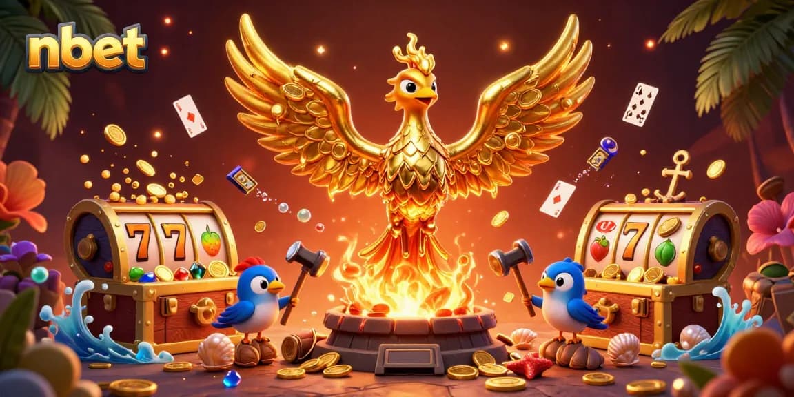 Experience thrilling wins with nbet in a vibrant 3D casino scene featuring a molten metal phoenix.