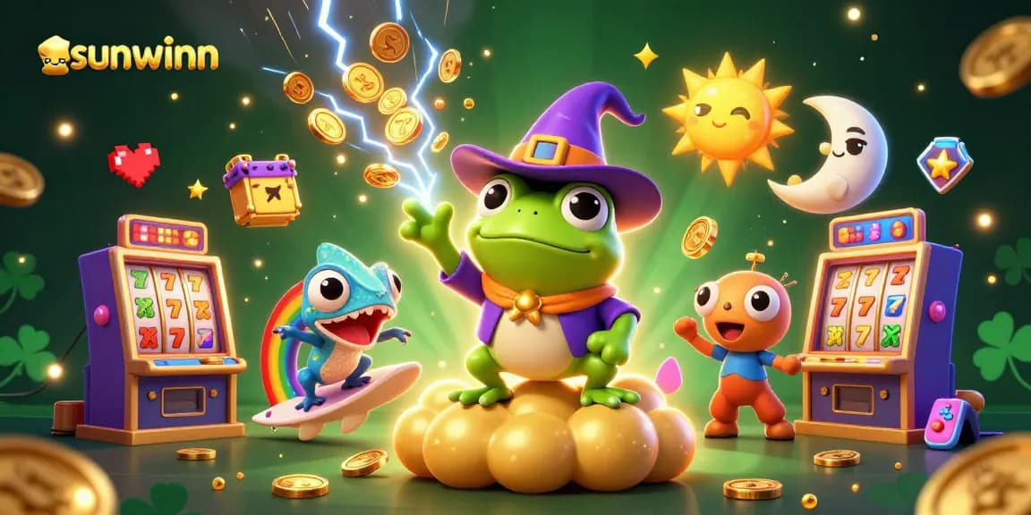 Sunwinn showcases a vibrant casino scene with a frog wizard and chameleon amid golden coins and slot machines.