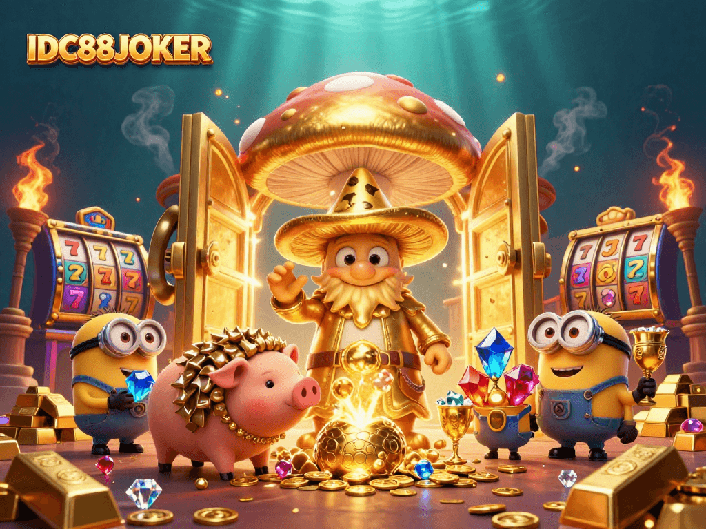 Engage with IDC88JOKER's vibrant online gaming world depicted in a magical treasure scene.