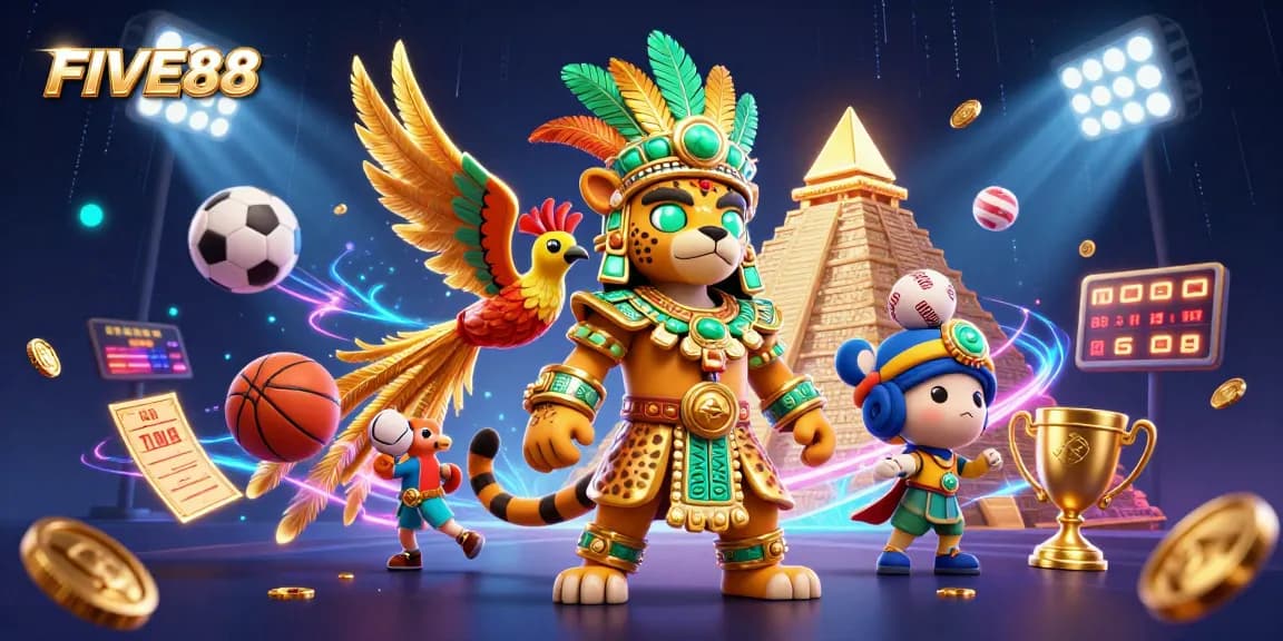 Join the excitement of FIVE88 with 3D Mayan themes and dynamic sports betting elements.