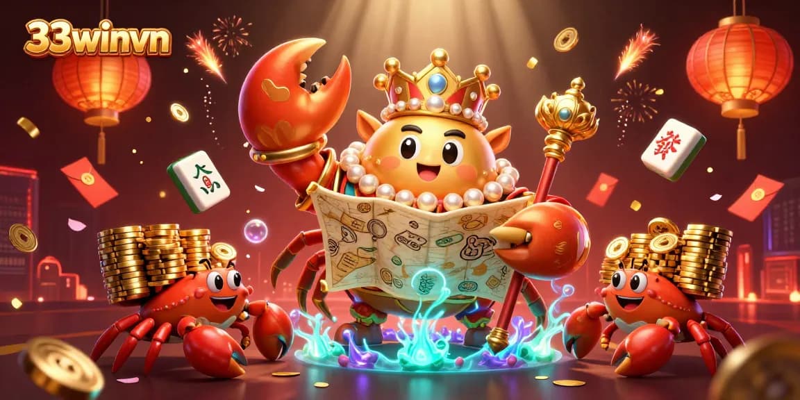 Engage with thrilling gaming action at 33winvn, featuring a golden crab emperor amidst vibrant casino elements.