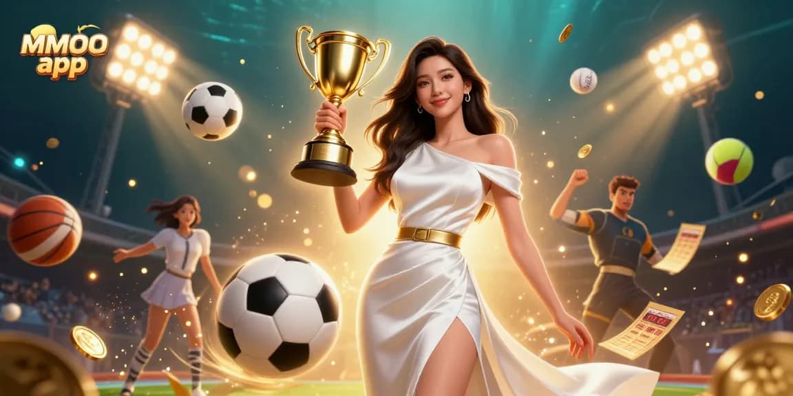 Win big with the MMOO app, featuring a triumphant woman celebrating in a vibrant sports betting scene.