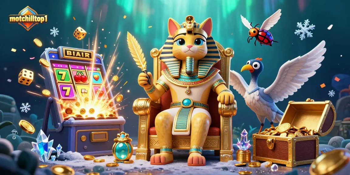 Engage with motchilltop1's cinematic gambling scene featuring a pharaoh cat and rewarding slot machine action.