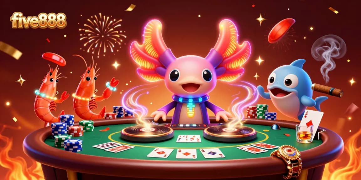Experience five888's vibrant casino atmosphere with a lively DJ and dancing sea creatures.