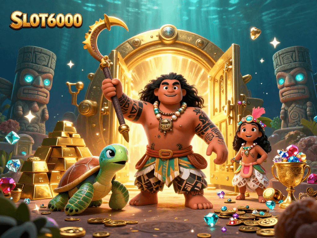 SLOT6000 inspires big wins in a vibrant underwater scene featuring a demigod, turtle, and treasures.