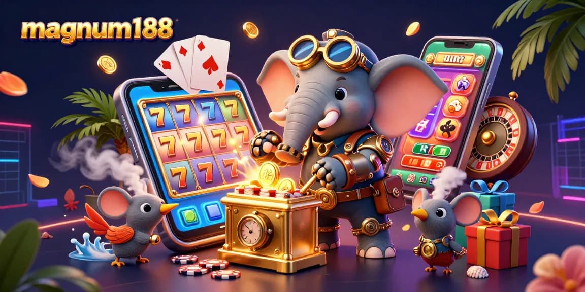 Win big at magnum188 with this colorful 3D steampunk-themed illustration displaying engaging slot game mechanics.
