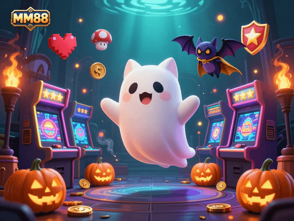 Play at MM88's haunted casino with a ghost cat, vampire bat, and glowing gaming elements.