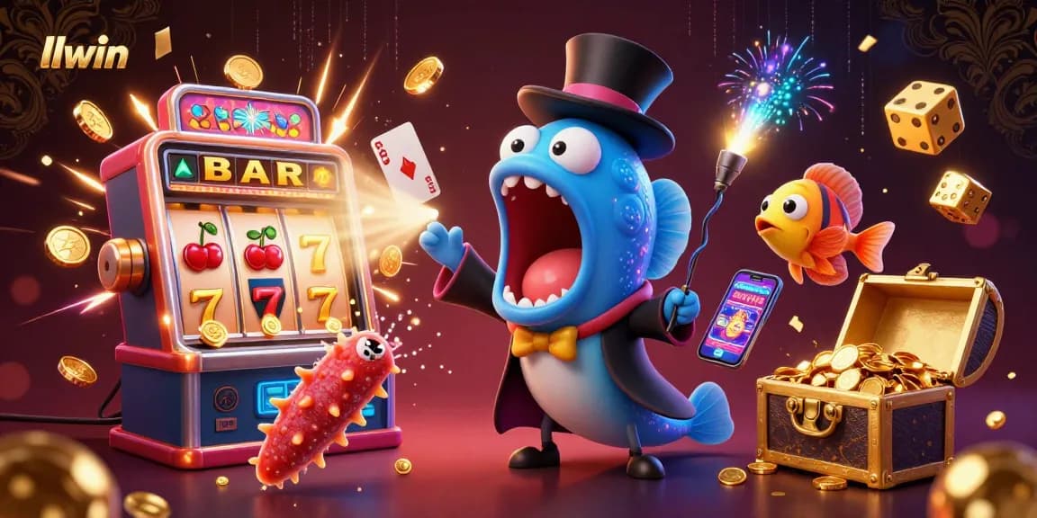 llwin's exciting magical casino scene depicting a gulper eel performing tricks with jackpots and vibrant game elements.