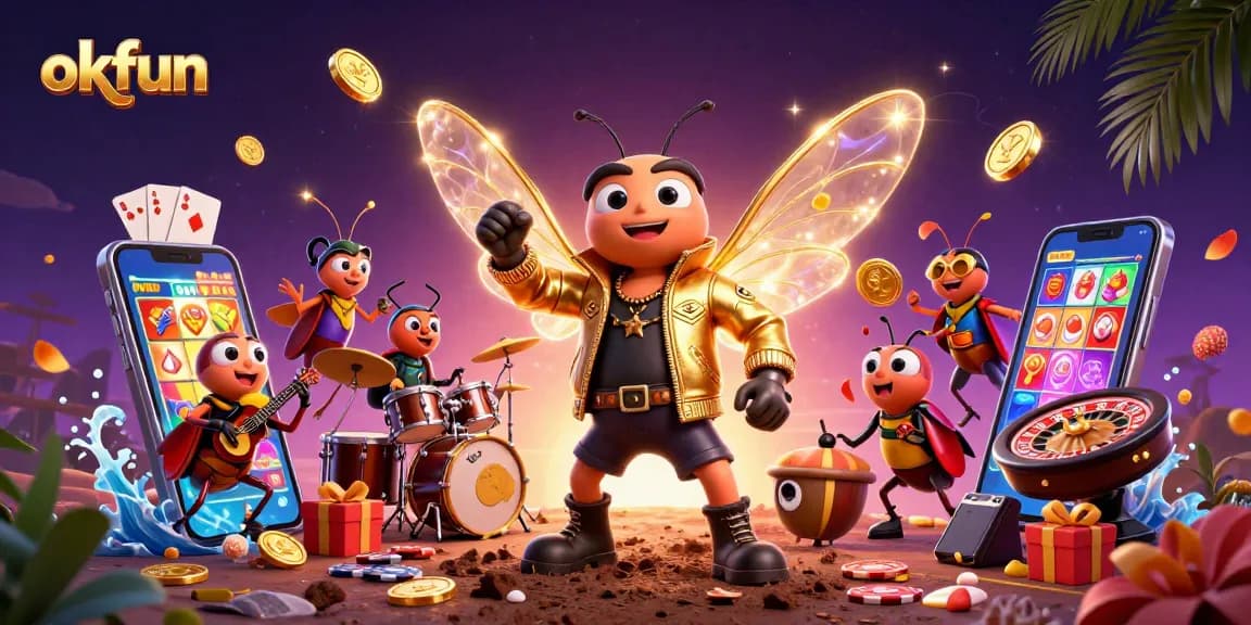 Join the fun at okfun with vibrant gaming elements surrounding a rock star cicada and friends.
