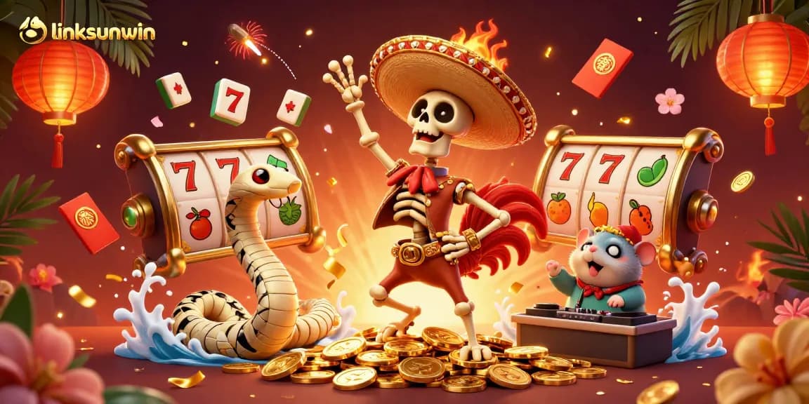 linksunwin celebrates victory with animated characters dancing and lucky symbols in a vibrant casino scene