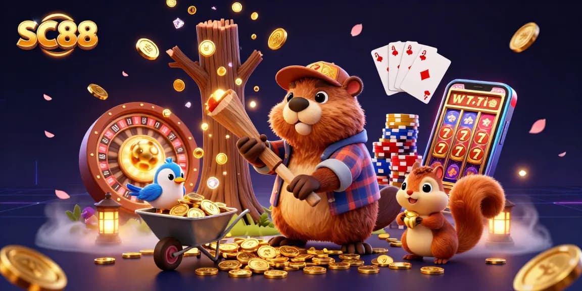 Experience the excitement of SC88 with a vibrant 3D illustration of a beaver gathering golden coins in a casino