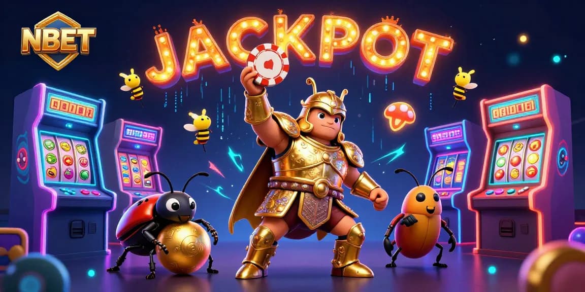 NBET presents a dynamic casino scene with heroic beetle characters celebrating a jackpot amidst glowing game elements.