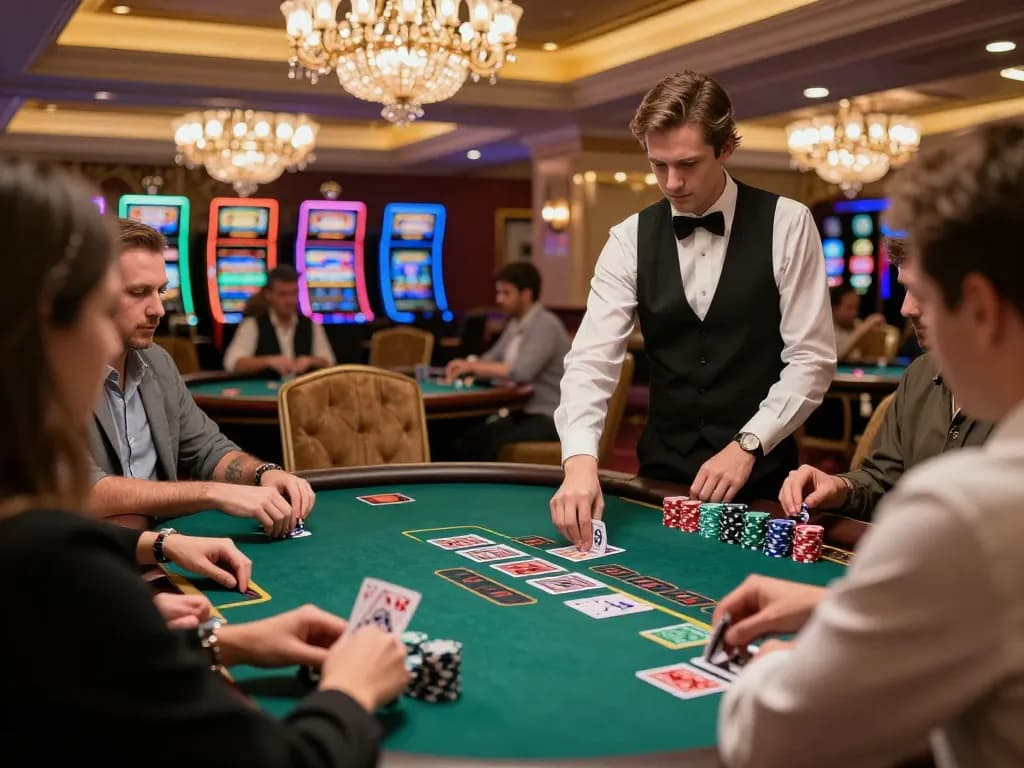 Players strategizing their next move in a GG88 blackjack game at a luxury casino.