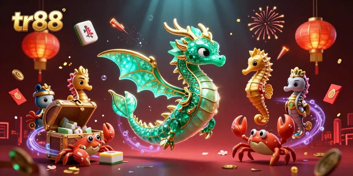 Experience the thrilling world of tr88 with a vibrant 3D casino illustration showcasing a sea dragon, treasure, and gaming elements.