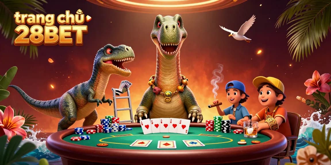 Experience the lively atmosphere of trang chủ 28BET with exciting poker elements and playful dinosaurs.
