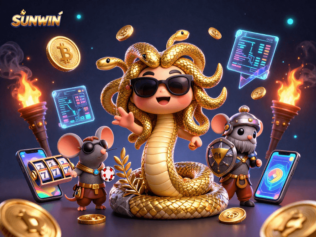 SUNWIN offers thrilling slot adventures with Medusa and a warrior mouse in a vibrant 3D casino scene.