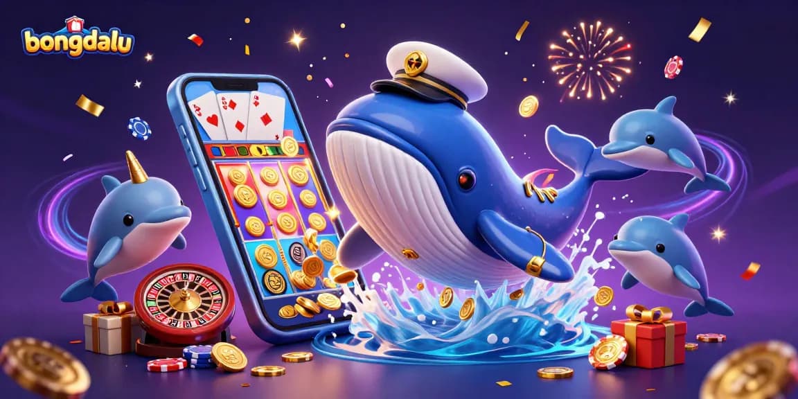 Bongdalu showcases a vibrant gaming scene with a whale, narwhal, and playful dolphins engaging with slots and poker chips.