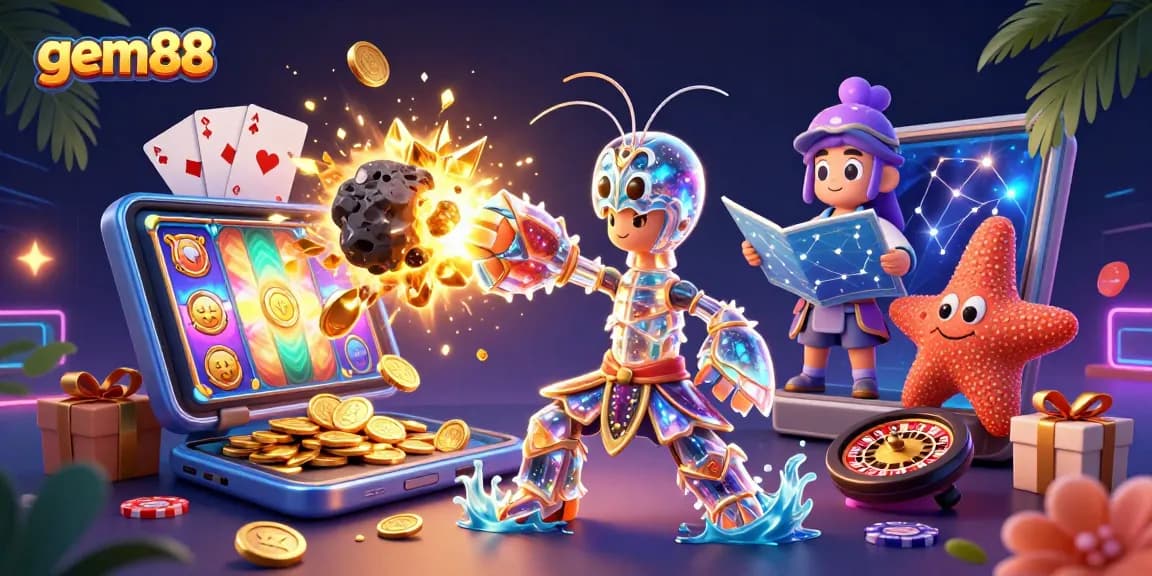 Experience gem88's thrilling adventure with vibrant casino-themed characters and games in a dynamic 3D illustration.