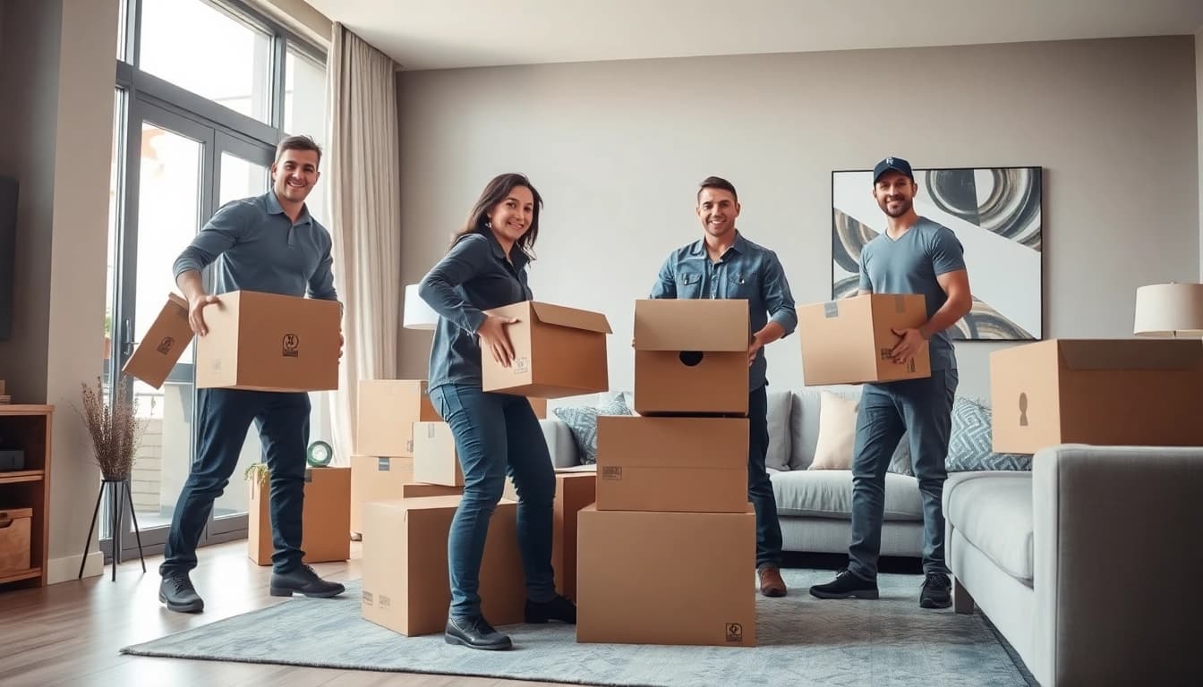 Calgary movers expertly arranging items in a modern apartment, showcasing efficiency and teamwork.