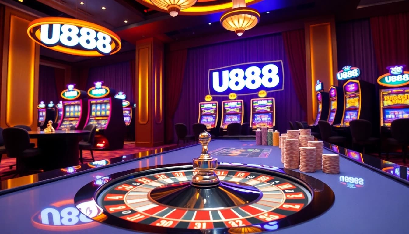 Exciting casino scene featuring U888 brand elements, roulette wheel, and poker chips.