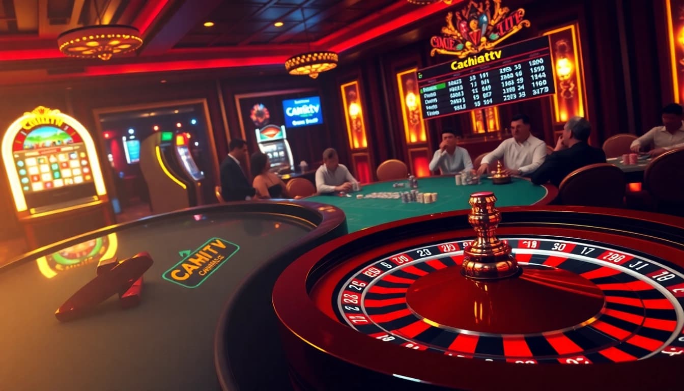 Cakhiatv betting scene with players at a roulette table and a colorful slot machine.