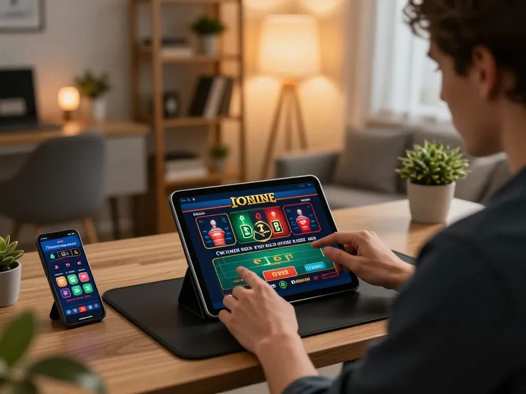 Person using tablet for online gambling at home with nhà cái tặng tiền options, showcasing modern gaming setup.