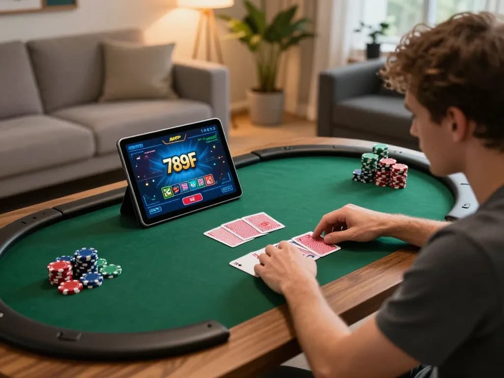 Playing poker online using the 789F APP on a tablet in a cozy living room.