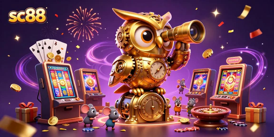 Engage with the exciting sc88 casino scene featuring a clockwork golden owl, vibrant games, and dynamic gaming elements.