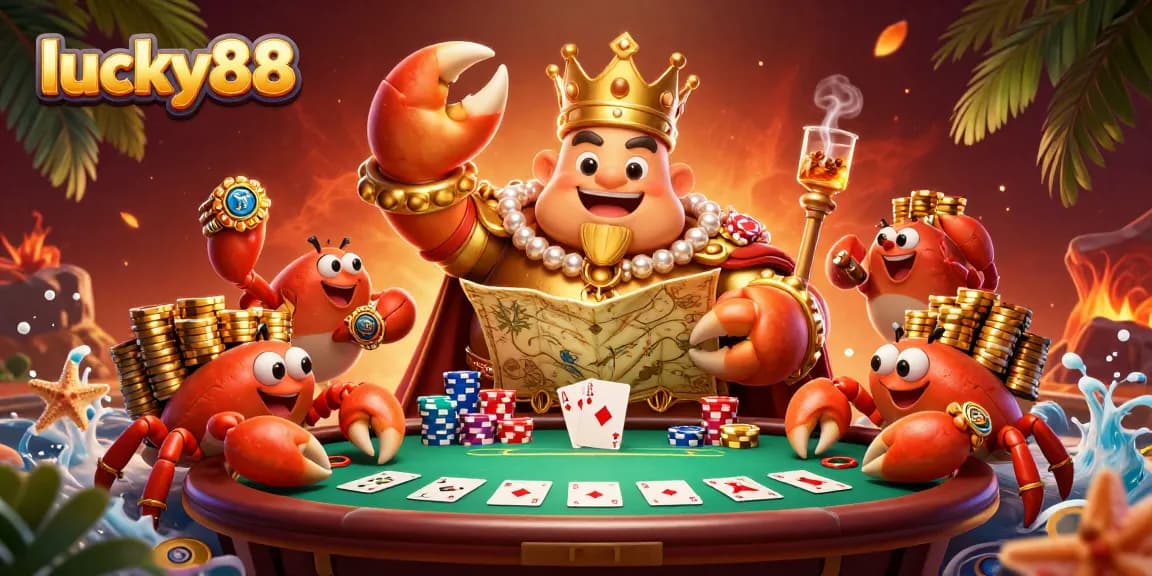 Players enjoy the lucky88 slot experience with a vibrant scene of a golden crab emperor amidst casino elements.