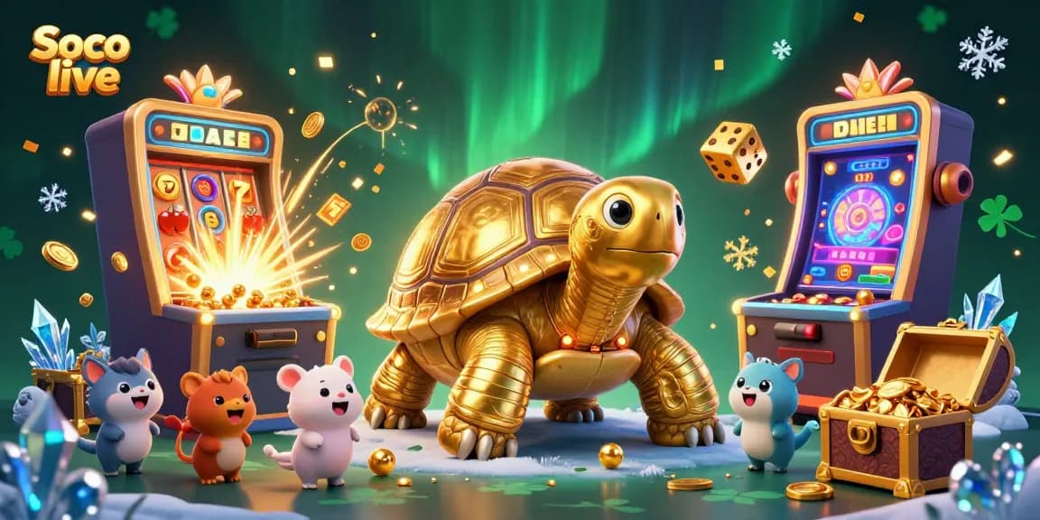 Soco live showcases a vibrant 3D casino illustration featuring a colossal golden tortoise pinball machine surrounded by engaging game elements.